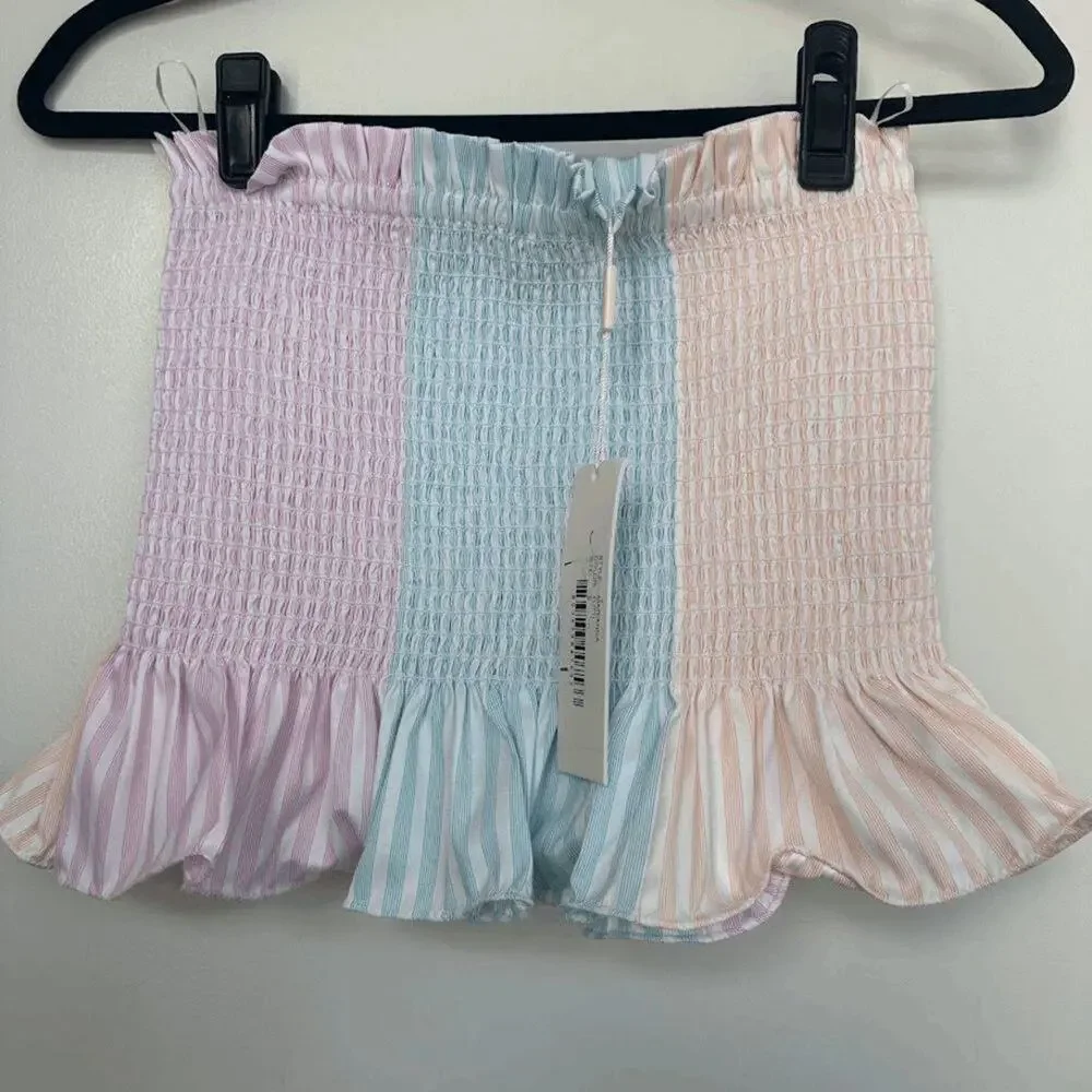 NWT Petersyn Womens Tutti Pink Blue Orange Smocked Ruffle Marianna Top Size XS